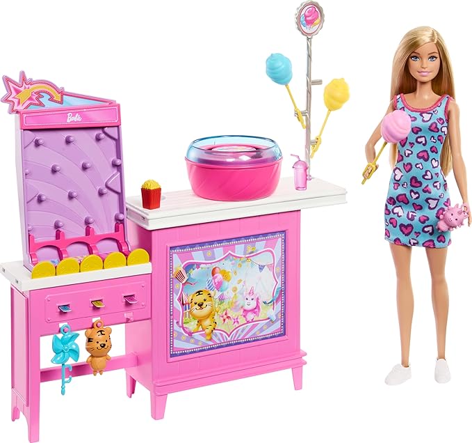 Barbie Mysteries: Beach Detectives Malibu Doll & Cotton Candy Game Booth Playset with 20 Accessories Including Prizes