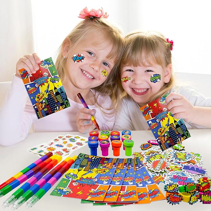 Cinrobiye 72 Pcs Hero Party Favors, Hero Coloring Books, Stickers, Tattoos, Stampers, Keychains, Rings, Rainbow Pencils, Comic Birthday Party Supplies, Goodie Bag Fillers, Prize Bulk Set