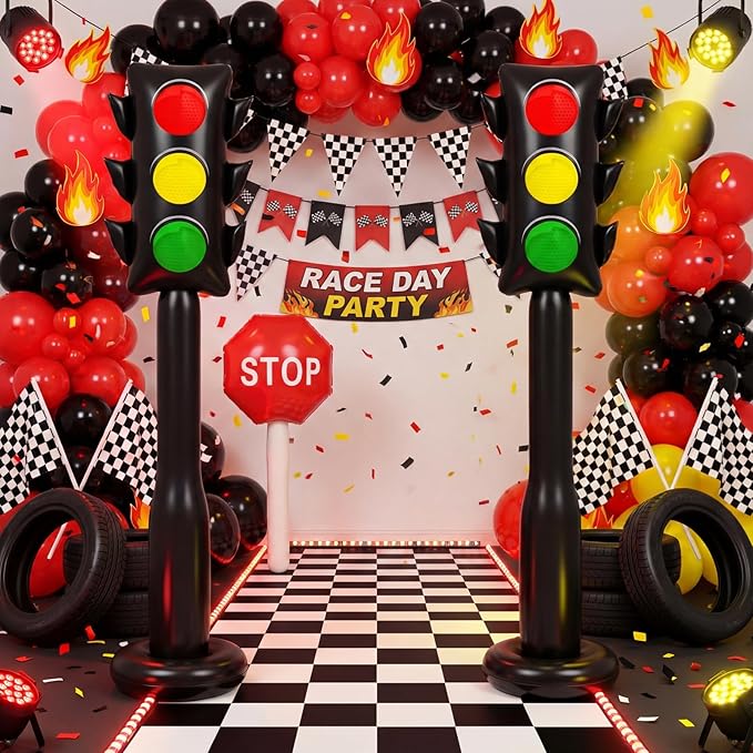 3 Pcs 59 Inch Jumbo Inflatable PVC Traffic Light Balloons and 24 Inch Stop Sign Balloon for Racing Car Birthday Party Decorations Traffic Vehicle Birthday Party Supplies