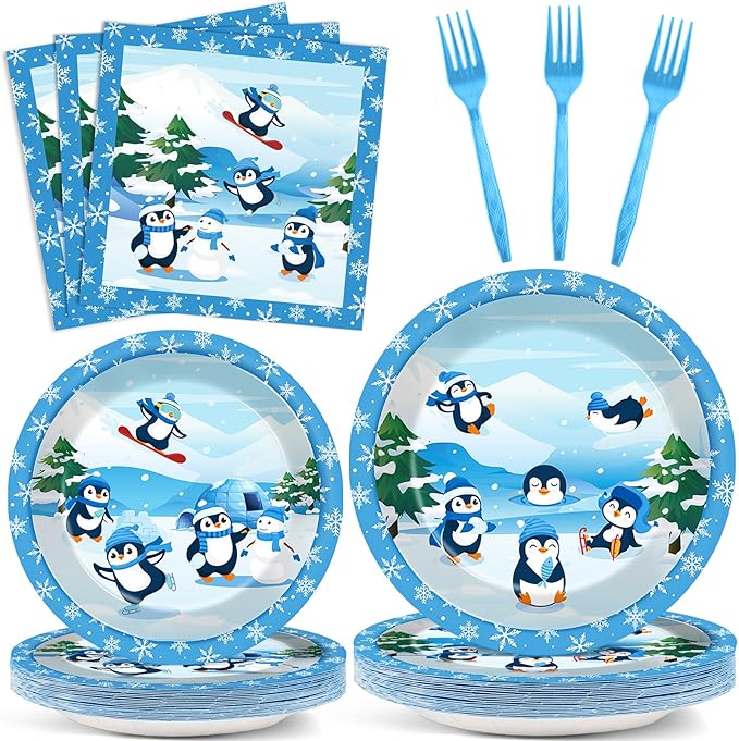 gisgfim 96PCS Penguin Plates and Napkins Party Supplies, Winter Penguin Party Decorations, Favors for Christmas, Holiday & Dinner, Serves 24 Guests