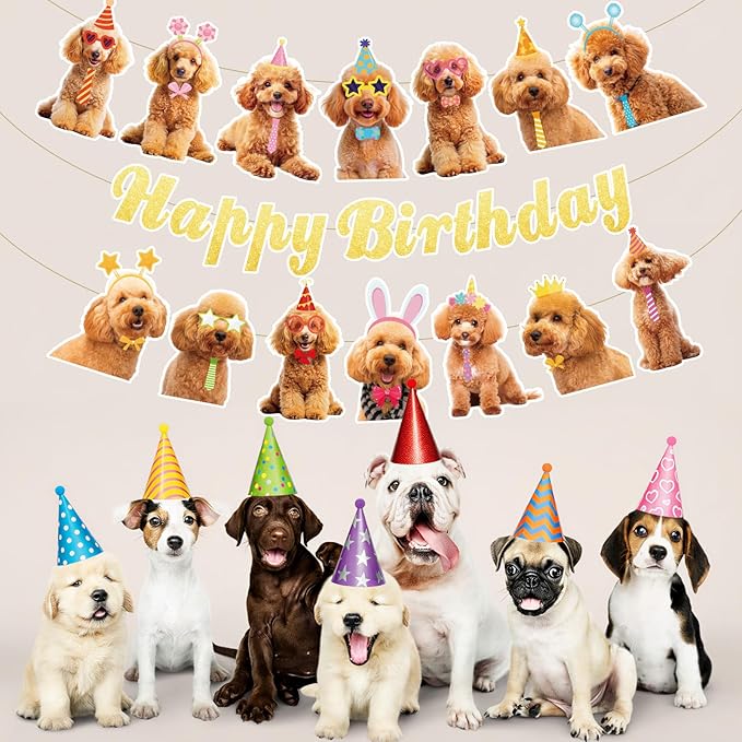 Dog Happy Birthday Banner, Golden Doodle Birthday Party Decorations Gold Glitter Puppy Birthday Banner Decorations for Pet Dog Theme Party Bunting Decoration Baby Shower Party Supplies
