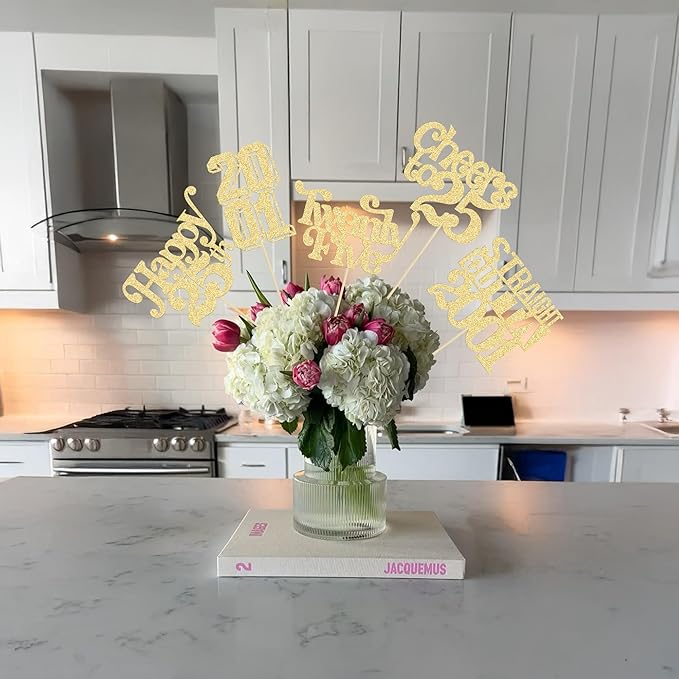 Gyufise 15Pcs Happy 25th Birthday Centerpiece Sticks Twenty Five Straight Outta 2001 Table Flower Centerpieces Sticks for Cheers to 25th Birthday Party Supplies Gold