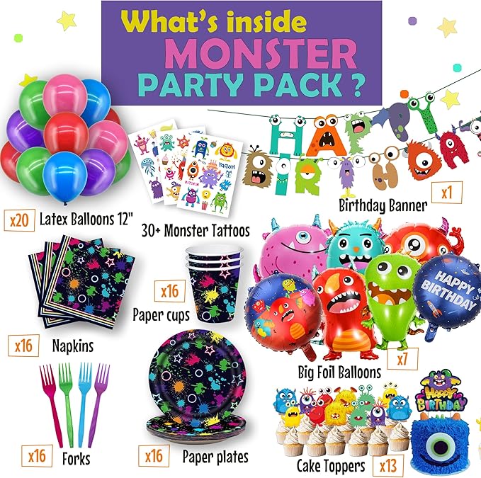 Monster Party Supplies, Monster Birthday Decorations - Monster balloons, paper plates, napkins, cups, cupcake & cake toppers, birthday banner, tattoos