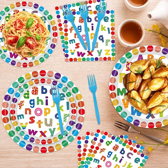 96 PCS Colorful Alphabet Party Decorations, Disposable ABC Letters Paper Plates Napkins Set School Classroom Educations Party Supplies for Kids Birthday Baby Shower Alphabet Games, Serves 24