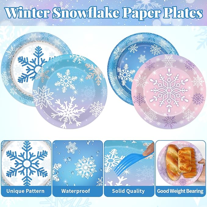 Wiooffen 80Pcs Winter Plates Snowflake Wonderland Party Tableware Decorations Winter Snowflake 7'' Paper Cake Dessert Dinner Plates for Christmas Xmas Holiday Party Supplies