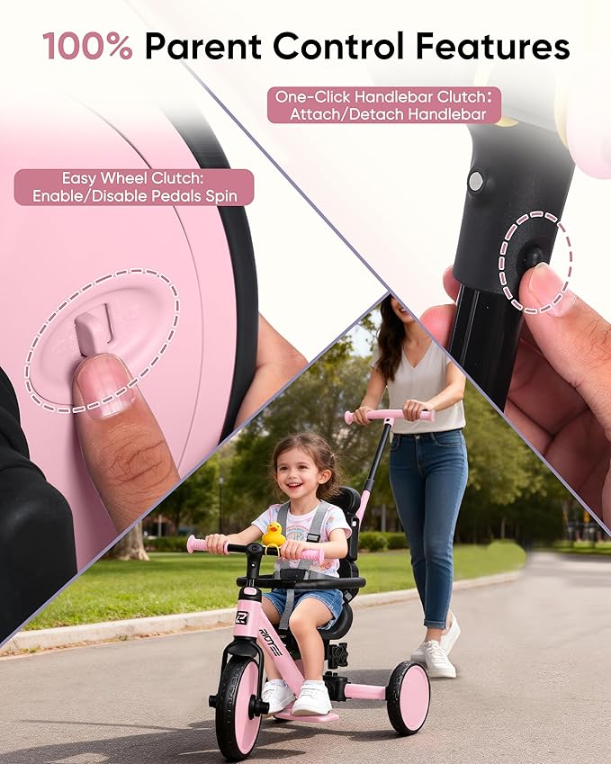 8-in-1 Tricycle for 1.5-5 Years, Tool-Free Switch, Toddler Tricycle with Parent Steering Control Handle for 1.5 to 5 Yrs, Toddler Trike 1.5-3 Years with 5-Point Harness and Large Canopy, Pink