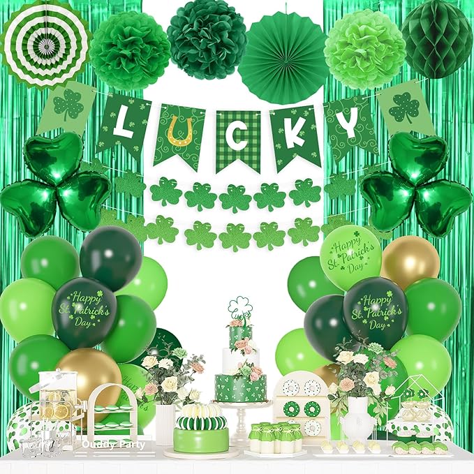 Green Party Decorations, Green Gold Printed Confetti Heart Balloons St Patricks Day Glitter Shamrock Garland Lucky Banners Foil Curtain Paper Fan Pompoms for Home Party Saint Patricks Party Supplies