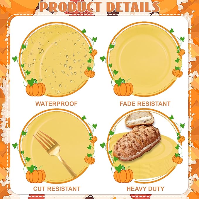 48PCS Fall Thanksgiving Plates, Fall Paper Plates Autumn Party Tableware for Birthday Harvest Holiday Friendsgiving Thanksgiving Party Supplies, 7 Inch