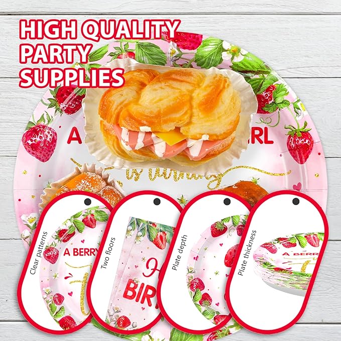 168Pcs Strawberry 2nd Birthday Party Decorations A Berry Sweet Girl is Turning Two Plates Napkins Cups Forks Knives Spoons Disposable Paper Tableware for Birthday Baby Shower Party Supplies Serves 24