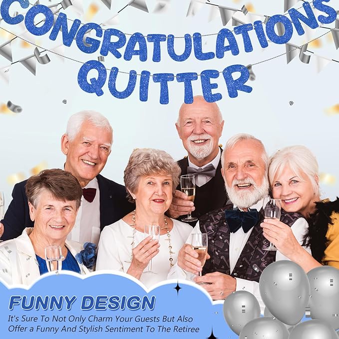 Fulmoon Pre Strung Congratulations Quitter Glitter Banner Funny Retirement Banner Graduation Party Decorations Going Away Supplies Garland for Men Women Gifts, No DIY(Navy Blue)