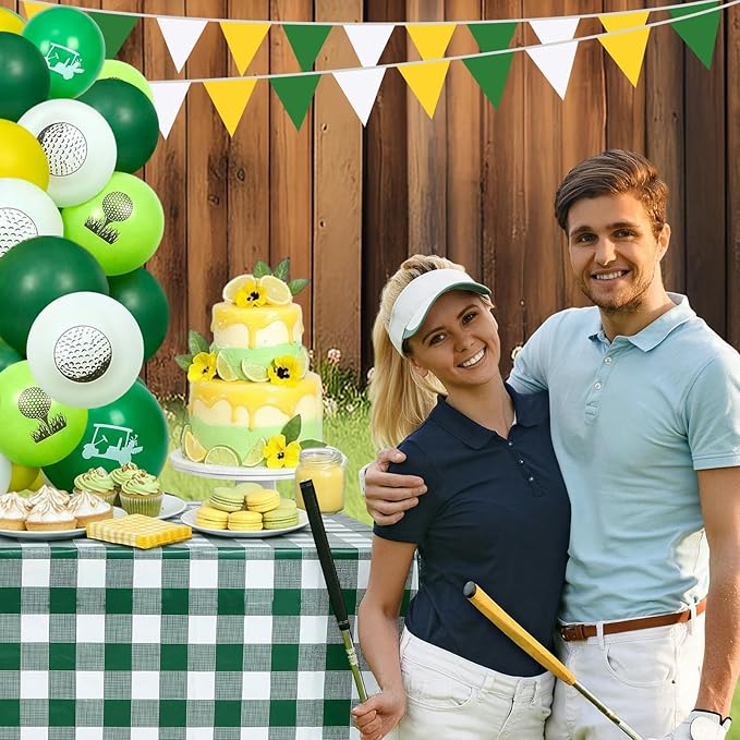 Leyndo 119 Pcs Golf Theme Party Decorations Include Yellow White Green Balloons Checkered Tablecloths Disposable Napkins Pennant Banner with Tool for Golf Summer Birthday Wedding Party Supplies