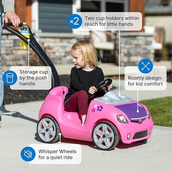 Step2 Whisper Ride II Kids Push Cars, Ride On Car, Seat Belt, Horn, Toddlers Ages 1.5 – 4 Years Old, Max Weight 50 lbs., Quick Storage, Stroller Substitute, Pink