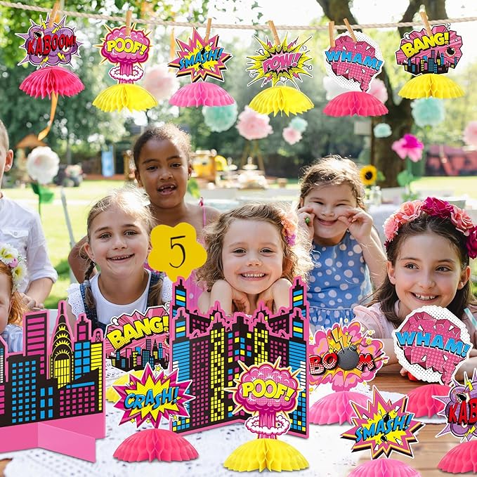 Funrous 11 Pieces Hero Party Decoration Hero Honeycomb Centerpieces 3D Table Topper Paper Large Word Centerpieces Fun Action Sign Standing Card for Birthday Baby Shower Decor Supplies (Pink)