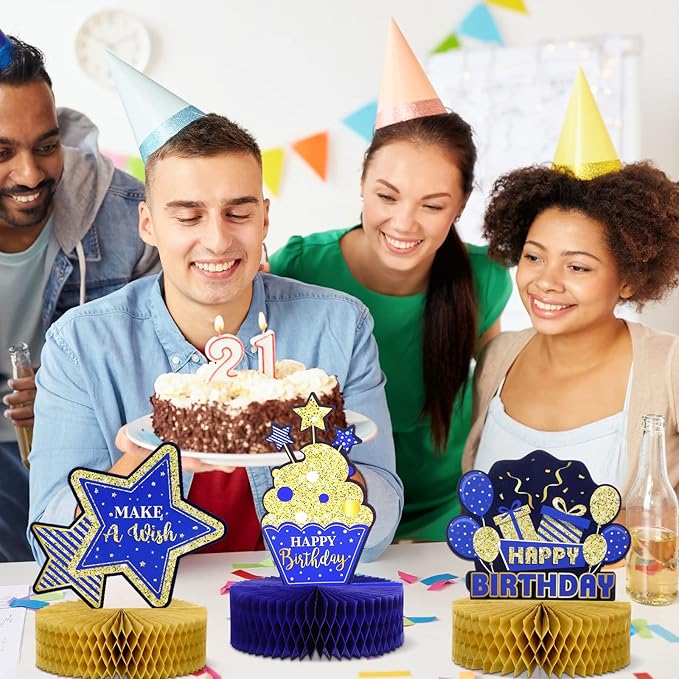 9 Pieces Blue Gold Birthday Table Decorations Happy Birthday Honeycomb Centerpieces Glitter Table Toppers, Blue and Gold Party Decorations for Kids Baby Shower, Men and Woman Party Supplies