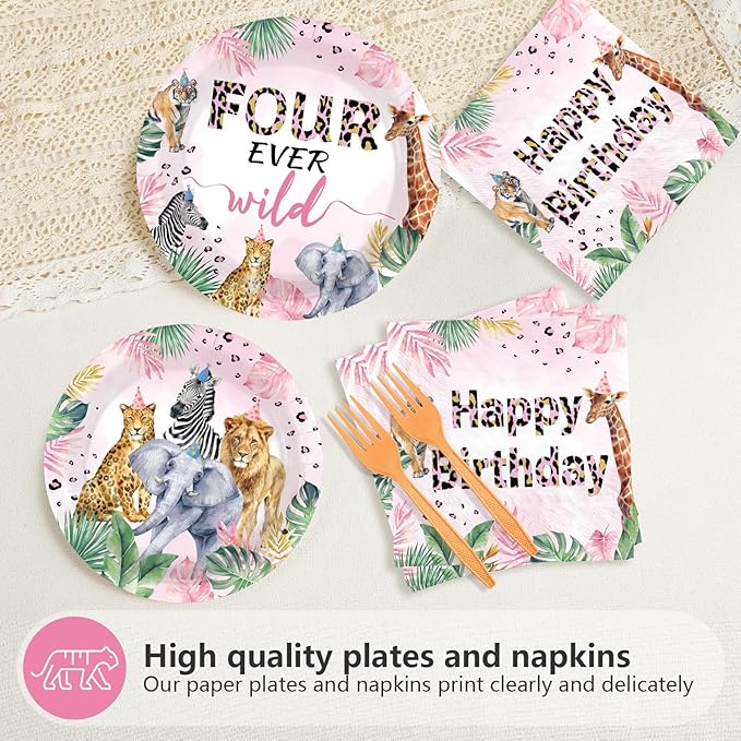96Pcs Four Ever Wild Birthday Decorations Safari Animal Theme 4th Plates and Napkins Safari Animal Jungle Disposable Paper Tableware Set for Girls 4 Year Old Birthday Party Supplies Serves 24