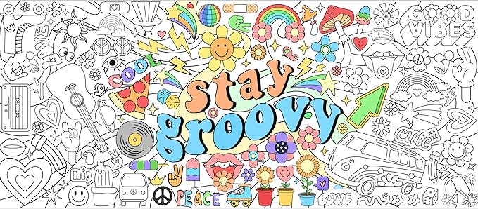 Dvbonike Jumbo Stay Groovy Coloring Poster Retro Hippie Boho Patterns DIY Drawing Color-in Paper Blank Doodle Art Banner 55.1 x 23.6 Inch Decor, School Group Activities for Kids Party Suppiles