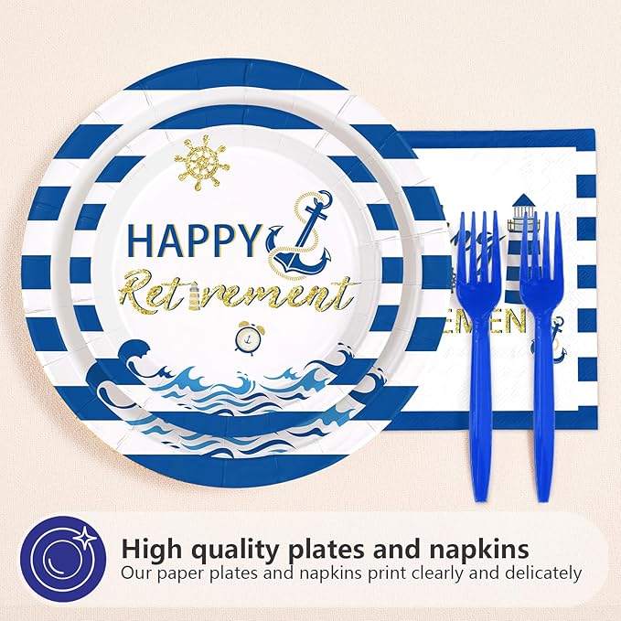 96Pcs Nautical Retirement Decorations Sailing into Retirement Plates and Napkins Tableware Sets Navy Blue Gold Decorations for Sailor Men Retirement Theme Farewell Supplies Serves 24