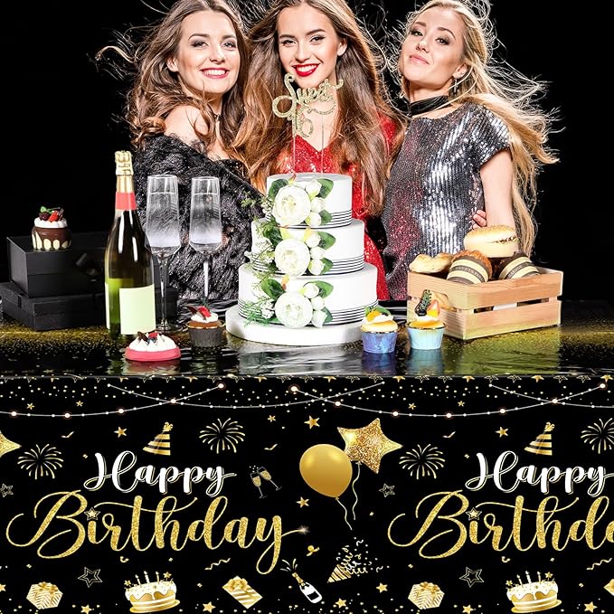 Tudomro 1 Pcs Happy Birthday Tablecloths Happy Birthday Party Decorations Plastic Table Cover Rectangular Cloths for Women Men Baby Shower Party Supplies, 108 x 54 Inch (Black Gold)