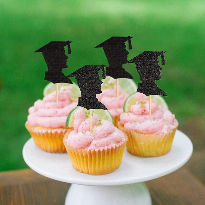 24pcs 2026 Black Male Student Graduation Cupcake Toppers Boys Graduate Silhouette Cupcake Picks 2026 Students Graduation Theme Party Cake Decorations Supplies