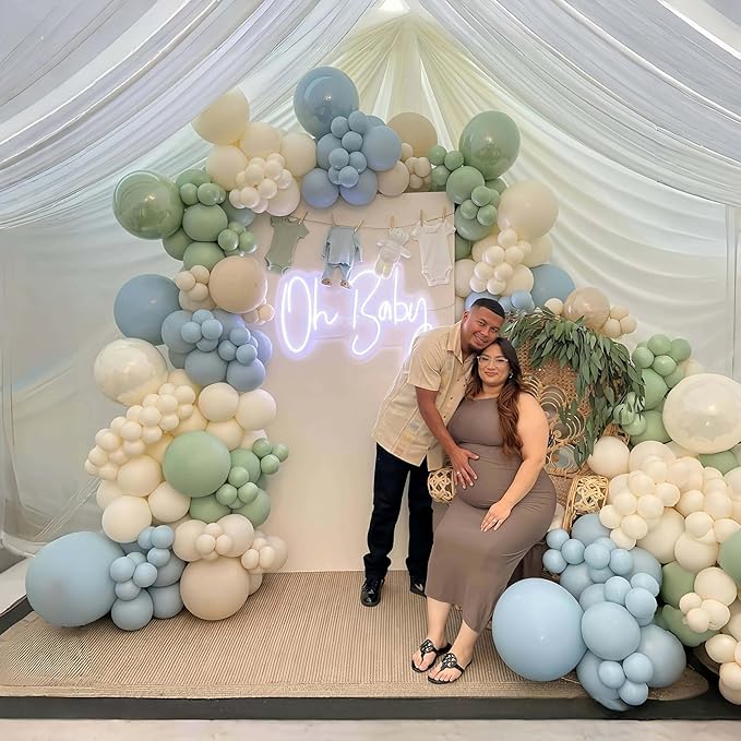 Dusty Sage Green Blue Balloons, Muted Slate Blue Green Gold Balloon, 12 Inch Olive Green Cream White and Gold Balloon for Woodland One Silly Goose Lucky Birthday Decor Baby Bridal Shower Decorations