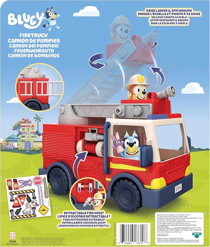 Bluey Firetruck Toy Playset with Firefighter Bingo, Bluey & Bob Bilby, Toddler Fire Truck w/ Spinning Ladder, Water Hoses for Kids Ages 3+