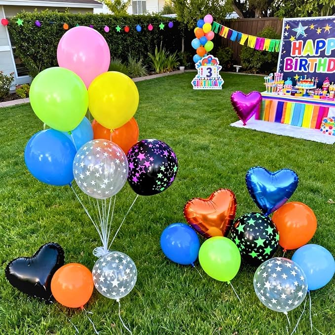 Neon Balloons, 50pcs 12 Inch Pink Orange Blue Yellow Lime Green Black Clear Star Print Rainbow Balloons Multicolor for Boy Girl Colorful Birthday Glow 80 90 Party Bright Baby Shower Summer Decorations