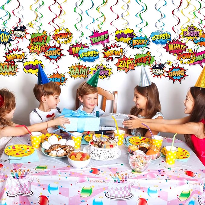 Superhero Hanging Swirls 30 Pack Hero Action Sign Foil Ceiling Hanging Swirls Streams Banner Decor Garland for Kids Superhero Baby Shower Celebrating Events Birthday Party Supplies Room Wall Decor