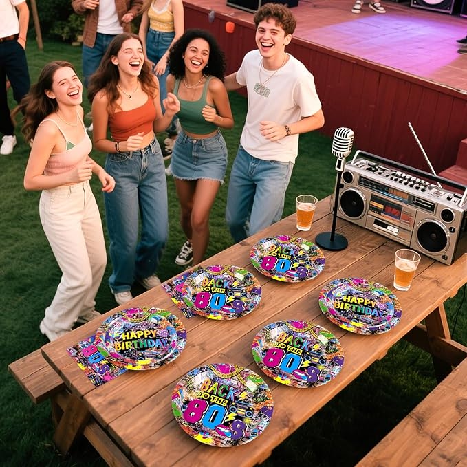 Grencian 96Pcs 80's Party Decorations Back to The 80s Plates and Napkins Disposable Hip Hop Graffiti Wall 80's Birthday Paper Tablewarefor 80s Retro Music Birthday Party Supplies, Serves 24