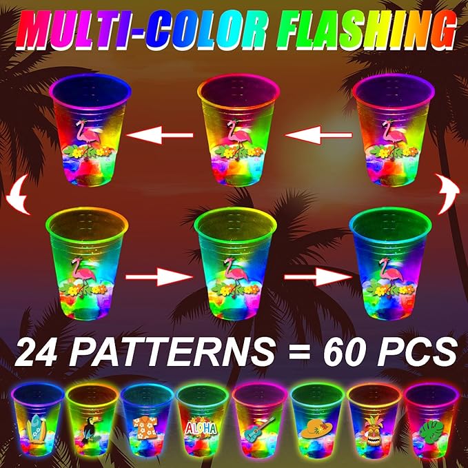 mishunyus 60 Pcs Glow Hawaiian Luau Party Cups, Flashing Tiki Party Cups, Tropical Luau Party Decorations Hawaiian Party Supplies Favor (16oz)