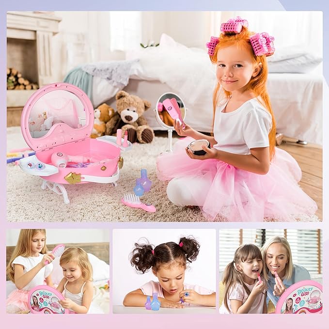 Toddler Vanity - Kids Pretend Play Princess Vanity Set with Mirror & Makeup Accessories, Lights and Music, Princess Vanity for Little Girls, Toddler Girl Toys
