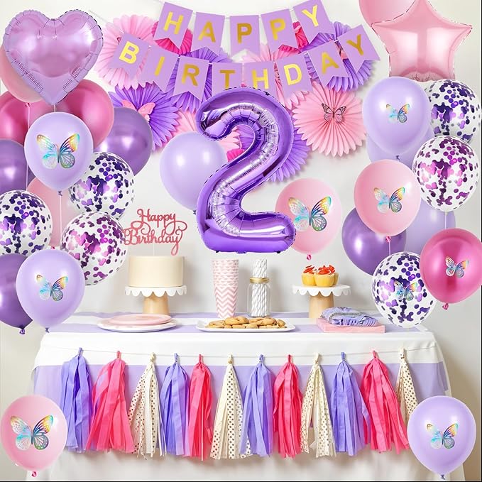 2nd Birthday Decoration for Girls,Pink Purple 2nd Balloon Number 2 Balloon with Butterfly Stickers Star Heart Foil Balloons Happy Birthday Banner for Baby 2 Year Old Party Decor