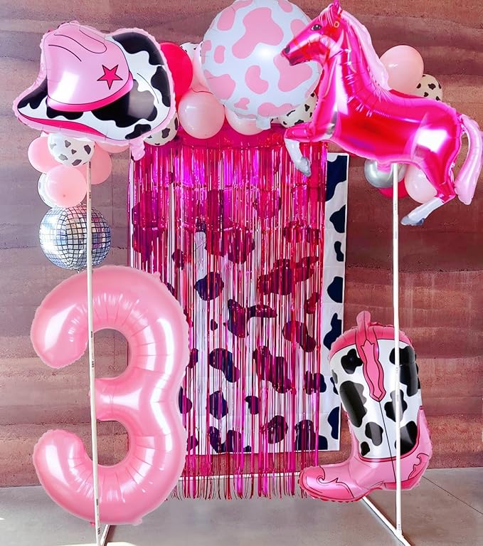 Cowgirl Balloons Pink Girl 3rd Rodeo Birthday Party Decorations, Disco Girl Horse Hat Boot Cow Balloons Western Theme Farm Birthday Party Decorations Supplies Decor (32Inch Pink 3 Balloon)
