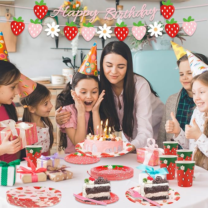 OuMuaMua 177Pcs Strawberry Birthday Party Plates Napkins Banners Supplies Summer Fruit Disposable Tableware Set for Girls Berry First Sweet One 1st Baby Shower Strawberry Theme Decorations, Serves 25