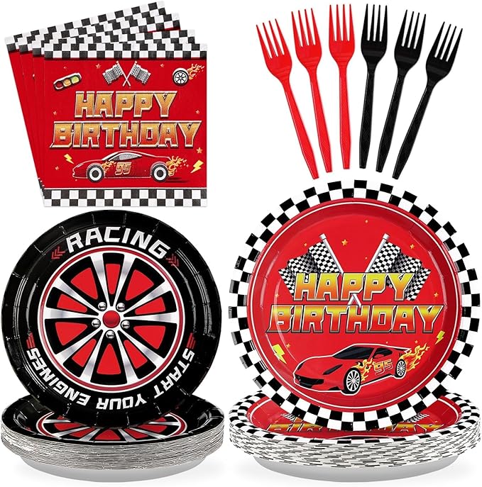 Grencian 96Pcs Red Race Car Happy Birthday Party Decorations Supplies Hot Car Plates and Napkins Racing Themed Checked Flag Tableware for Boys Transportation Birthday Party Decorations Serve 24