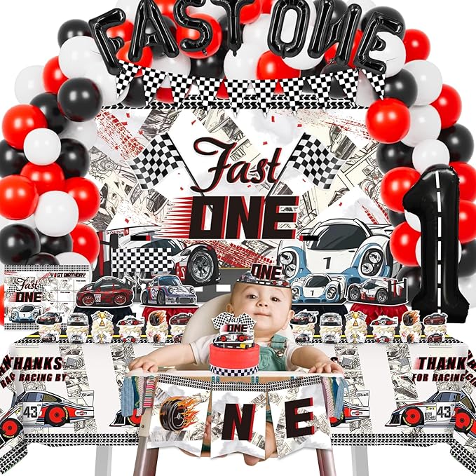 Mpanwen Fast One Birthday Decorations for Boys, 153 Pcs Race Car Birthday Party Supplies - Backdrop, Toppers, Cupcakes Wrappers, Tablecloth, Flags, Centerpiece, Highchair Nanner, Crown and Poster