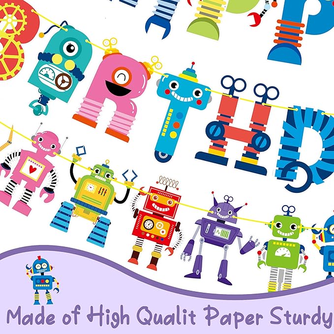 Robot Happy Birthday Banner and Party Decoration - Cartoon Hanging Decoration for Boys' Birthday - Robot Theme Party Supplies