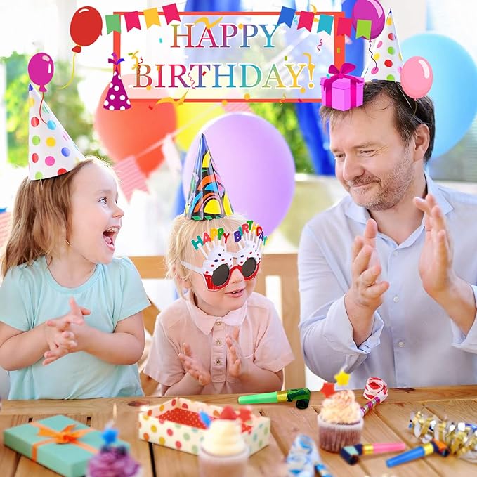 25 Pcs Party Set: 1 Colorful Banner, 3 Glasses, 10 Whistles, 11 Cone Hats for Festive Decor (Classic Style)
