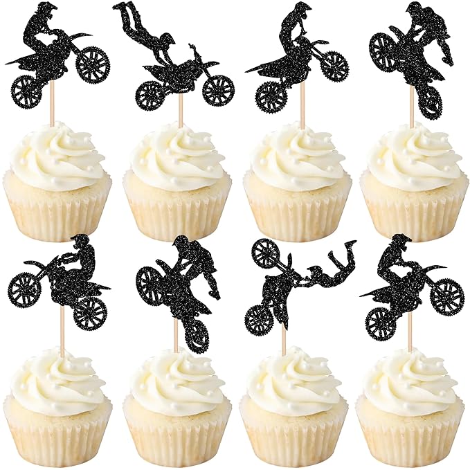 24 PCS Motorcycle Cupcake Toppers Black Glitter Motocross Dirt Bike Party Cupcake Picks for Sports Motocross Theme Man Boy Birthday Party Cake Decorations Supplies