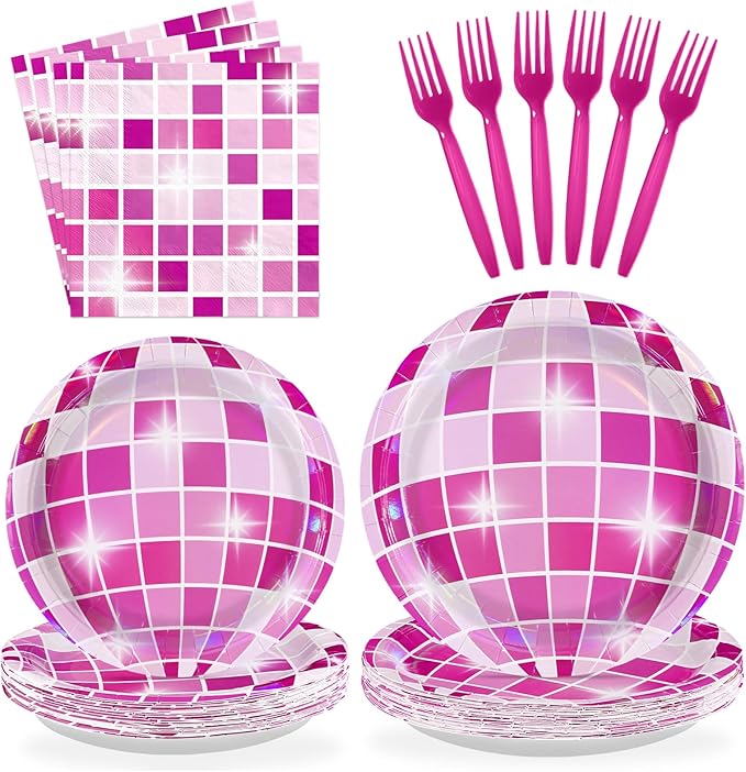 96Pcs Disco Ball Party Decorations Hot Pink Disco Ball Cowgirl Plates and Napkins Sets Iridescent Cowgirl Decorations for Wedding Sprinkle Bachelorette 70s Disco Party Supplies Serves 24