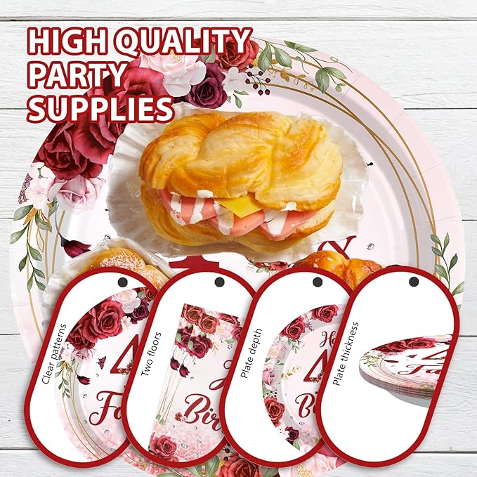 96Pcs Burgundy 40th Birthday Party Supplies Rose Gold Floral 40 and Fabulous Plates and Napkins Tableware Sets for Womens Burgundy Happy 40 Years Old Birthday Decorations Serves 24 ﻿