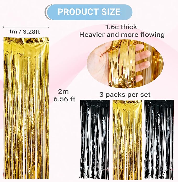 3 Packs Black and Gold Foil Fringe Curtains, Birthday Decorations Backdrop Graduation Tinsel Steamer, Retirement Farewell Engagement Wedding Bridal Shower Party Decorations