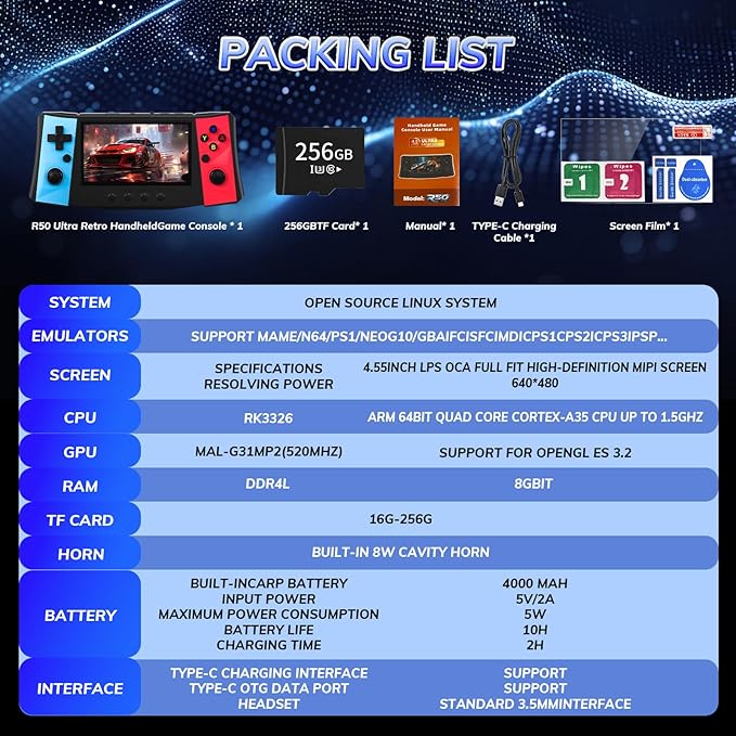 FVBADE 【50000 in 1】 R50 Ultra Handheld Game Console 4.5 inch IPS Screen Mini Retro Console 4000mAh Portable Pocket Arcade 12+ Mainstream Emulator 256G TF Card Transparent(Red)