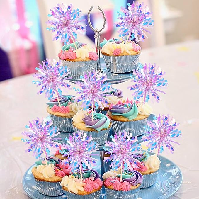 30 PCS Foil Firework Cupcake Toppers Sparkle Tinsel Cupcake Picks Happy Birthday Cake Toppers Drink Stirrers Cocktail Food Fruit Toothpicks for Baby Shower Birthday Party Decorations Supplies Purple