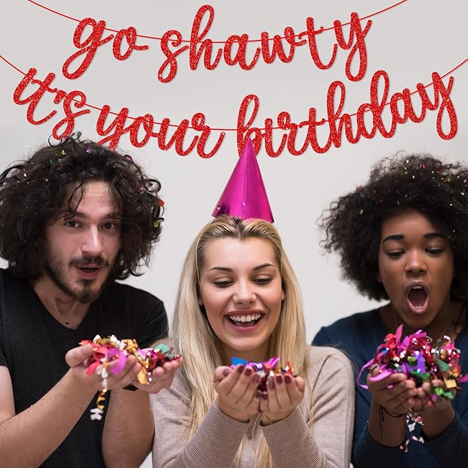 Go Shawty It's Your Birthday Banner, Hip Hop Birthday Party Decorations Supplies, Rap Theme Bday Bunting Sign, Pre-strung, Photo Props (Red)