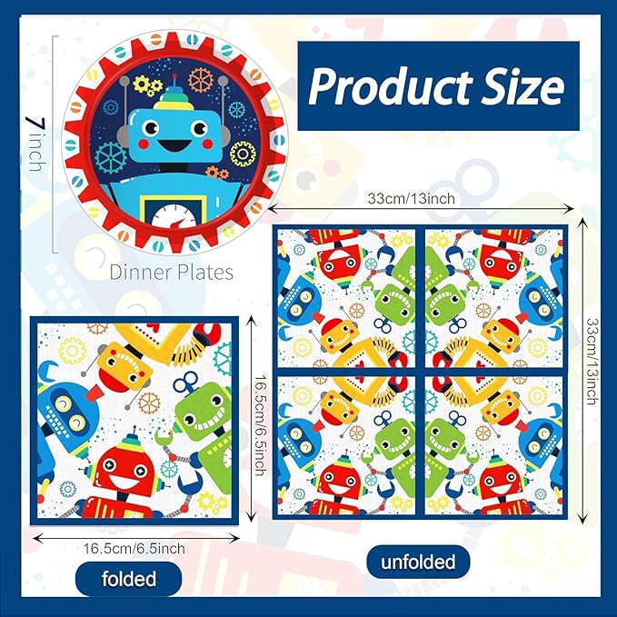 Robot Party Plates and Napkins for 24 Guests 64 Pcs Robot Birthday Party Supplies Disposable Tableware Set Robots Paper Plates Napkins for Robots Theme Birthday Party Supplies