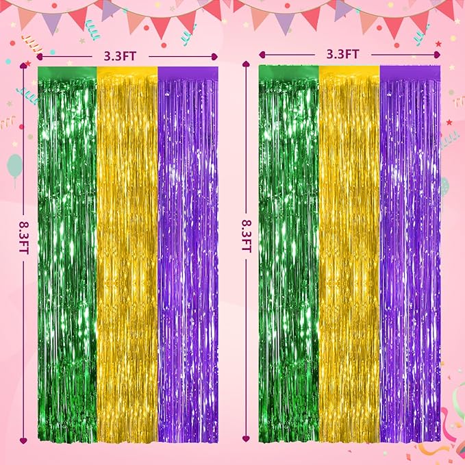 2Pack Green Gold Purple Party Backdrop Decorations,3.3x8.3ft Tinsel Curtain Birthday Decorations Foil Fringe Photo Booth Streamer Backdrop Green Theme Xmas Bachelorette Graduation Party Decorations