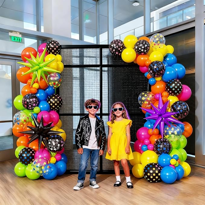 90s 80s Neon Balloon Arch Kit, 152pcs Disco Theme Party Decorations with Foil Star UV Neon Luminous Fluorescent Balloons for Back to 90s 80s Hip Hop/Disco Birthday Supplies, Rock Roll Party