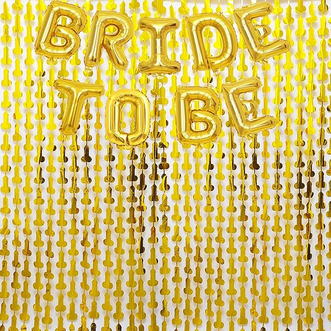 Bachelorette Party Decorations Foil Fringe Curtain, 2-Pack Girls Night Supplies Funny Metallic Streamers, Naughty Tinsel Backdrop for Hen Parties Bridal Shower Adult Birthday (Gold)