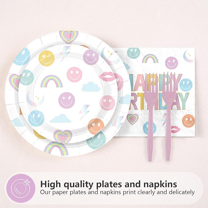 96Pcs Rainbow Birthday Party decorations Smile Face Rainbow Plates and Napkins Pastel Theme Disposable Paper Tableware Set for Colorful Kids Birthday Baby Shower Party Supplies Serves 24