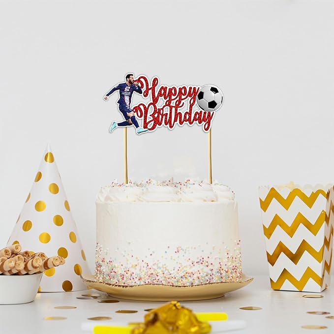 Soccer Football Happy Birthday Cake Topper – Sports Theme Goal Party Cake Decoration, Green Field & Ball Design Birthday Cake Pick for Celebration Supplies
